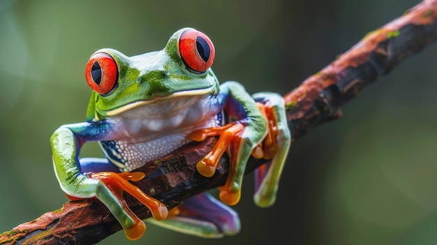 De levendige kleuren van een herverfde boomkikker die op een tak zit