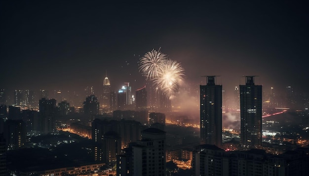 De levendige skyline van de stad ontvlamt met kleurrijk vuurwerk om het nieuwe jaar te vieren, gegenereerd door kunstmatige intelligentie.