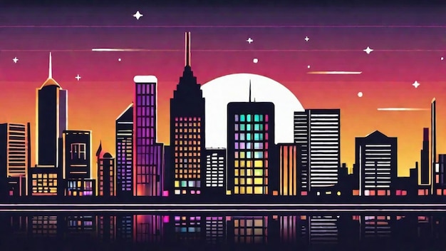 De levendige skyline van de stad's nachts