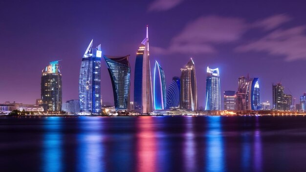 Foto de levendige skyline van doha's nachts, gezien van de andere kant van de baai van de hoofdstad's nacht