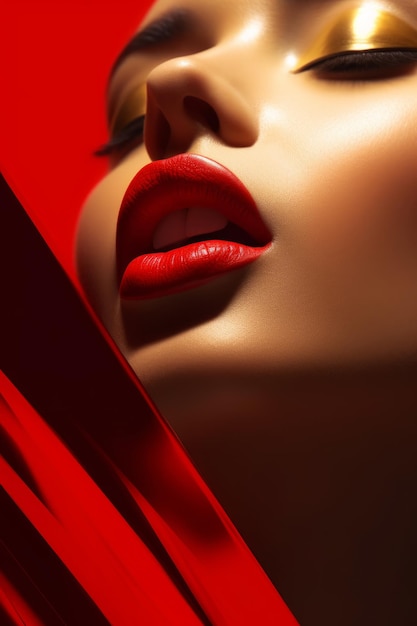 De lippen van een rode vrouw worden getoond met een rode sjaal.