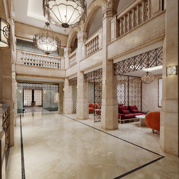 De lobby van een luxe hotel in Arabische stijl met hoge plafonds, kolommen en een receptie met een zit- en wachtruimte 3D-rendering