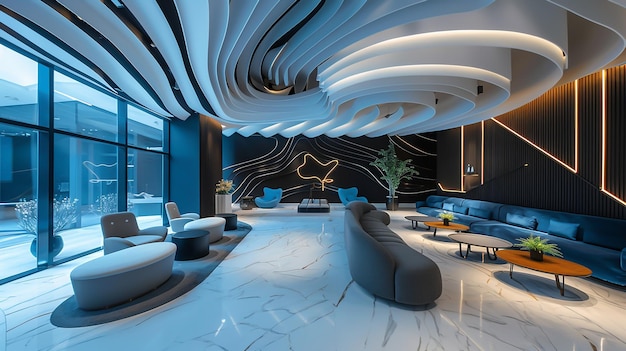 De lobby van het luxe hotel heeft een elegant en eenvoudig plafondontwerp.