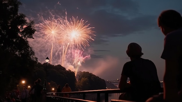 De lucht boven de stad licht op met een oogverblindend vuurwerk dat de viering van Kyiv Day markeert. Gegenereerd door AI