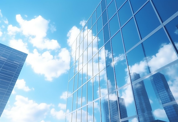 de lucht en de wolken worden weerspiegeld in de ramen van een gebouw