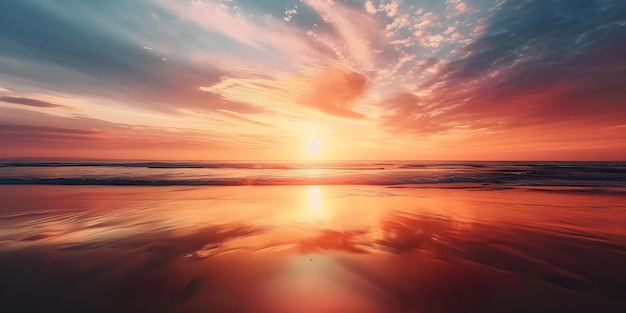De lucht is geschilderd met warme tinten in een betoverende strand zonsondergang Concept zonsondergang fotografie strand vibe warme kleuren natuur esthetiek inspirerende landschap