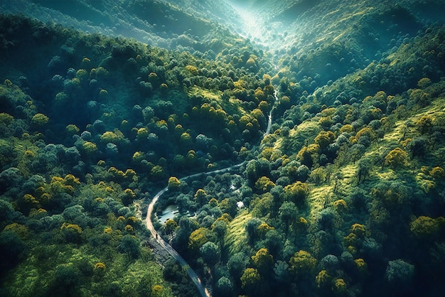 De luchtfoto onthult de verborgen geheimen van het bos met de weg die een uniek perspectief biedt op het groene bladerdak, glinsterende beekjes en dieren in het wild die het thuis noemen