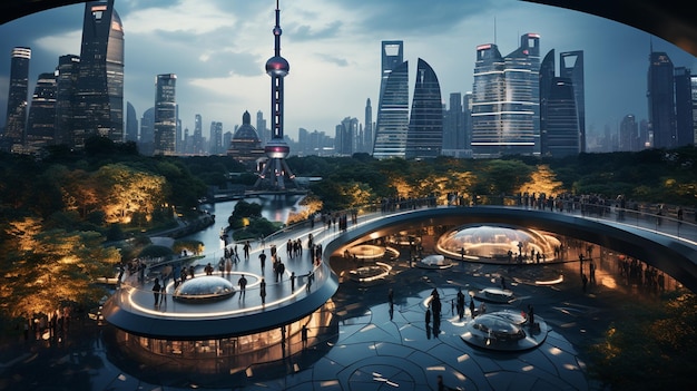 De Lujiazui-verkeerscirkel met een verhoogde wandelpromenade Shanghai China