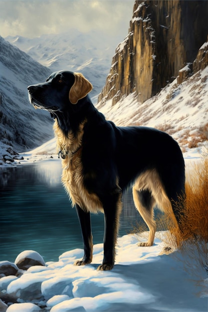 De luxe hond van Snowy Heights Mountain Generative Ai