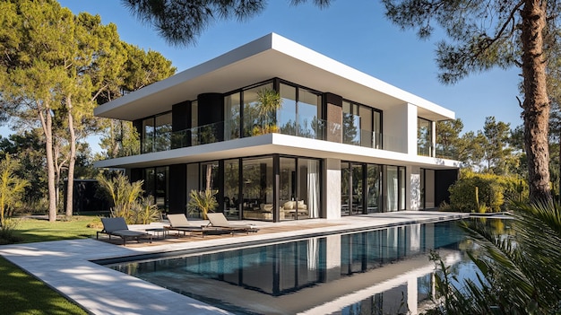 De luxe villa staat hoog onder de middagzon zijn slanke ontwerp gevangen met ultra-realistische details door de Canon EOS R5 ar 169 stijl ruw v 61 Job ID 6f628a4117f241e1853a5f8e6990f786