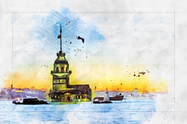 De maagdentoren kiz kulesi in de bosporus in istanbul, de hoofdstad van turkije, is geschilderd in aquarel