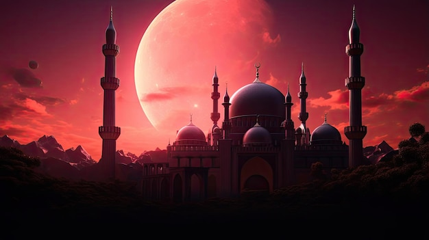 de maan boven de rode lucht bij zonsondergang met het silhouet van een moskee in de stijl van bolvormig