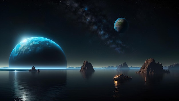 de maan boven de zee op fantasieplaneet