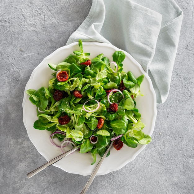 De maché van de slakom verlaat gebakken tomaten concrete hoogste mening als achtergrond