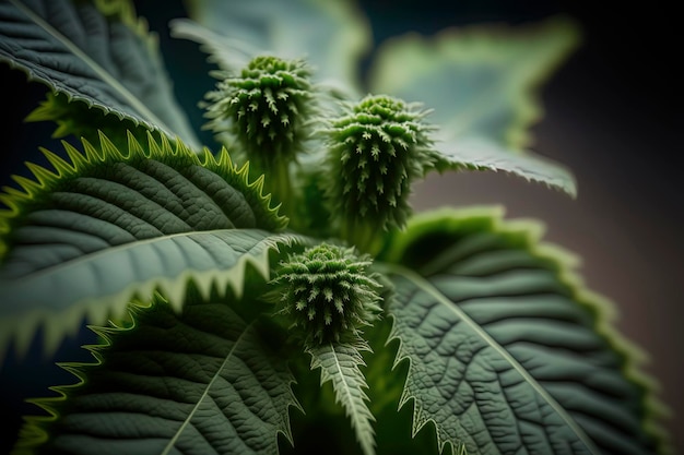 De macrofoto van een Groene klis verlaat textuurachtergrond