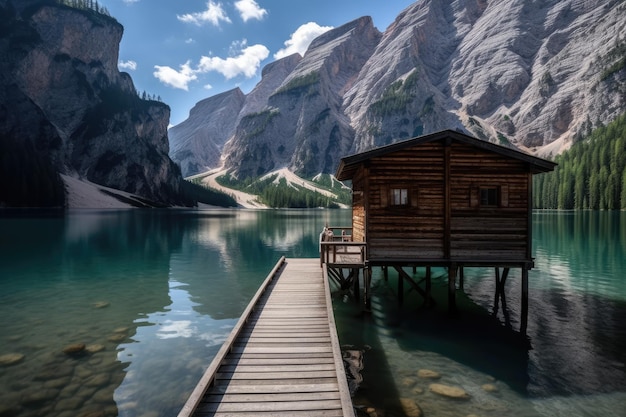 de magiër van het meer van Braies met de berg Seekofel op de achtergrond in Italië