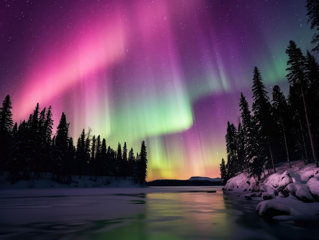 De majestueuze aurora borealis boven het besneeuwde bos bij het meer