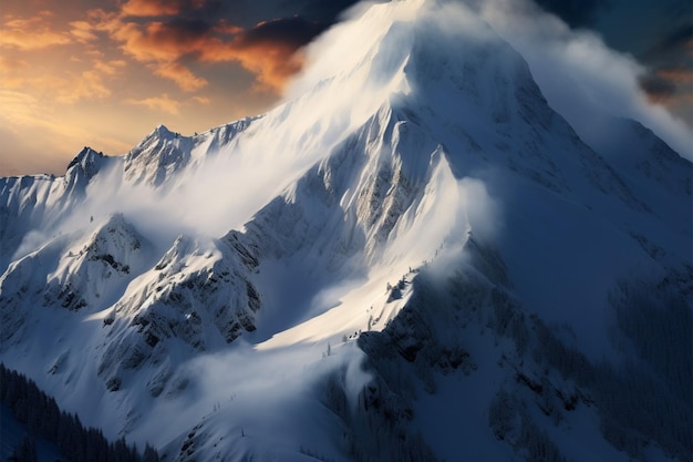 De majestueuze bergketen dient als achtergrond voor de met sneeuw bedekte top