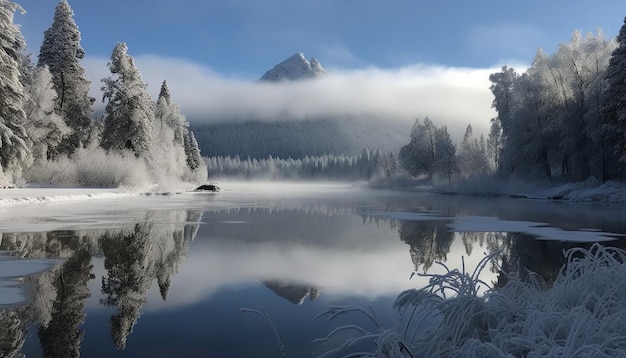 De majestueuze bergketen weerspiegelt de rustige schoonheid van het winterlandschap, gegenereerd door kunstmatige intelligentie