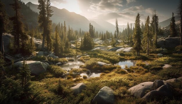 De majestueuze bergketen weerspiegelt het rustige tafereel van winterwildernisavontuur gegenereerd door kunstmatige intelligentie