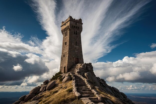 Foto de majestueuze kasteeltoren boven het met wolken bedekte landschap