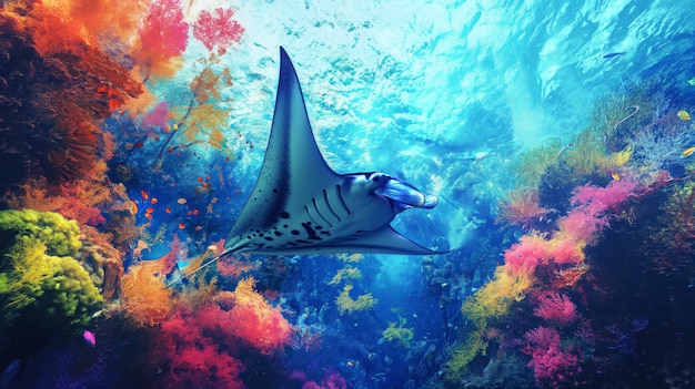 De majestueuze manta ray glijdt door kristalhelder water, omringd door levendige koraalriffen en een school kleine vissen onder een zonneblauwe oceaanoppervlakte.