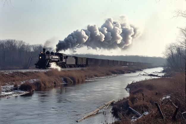 De majestueuze stoomlocomotief die de machtige rivier oversteekt