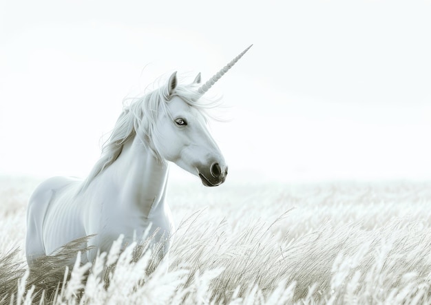 De majestueuze witte eenhoorn staat in een veld van hoog gras