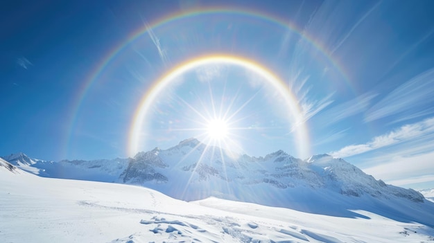 De majestueuze zonnehalo en de volledige cirkelvormige regenboog die de zon omringt boven de besneeuwde bergtop creëren een adembenemend uitzicht