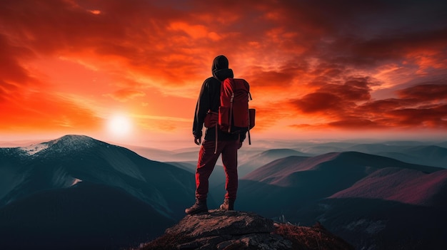 De man bovenop de rode berg staarde met een rugzak naar de ondergaande zon en oranje wolken Sereniteit in overvloed Generatieve AI