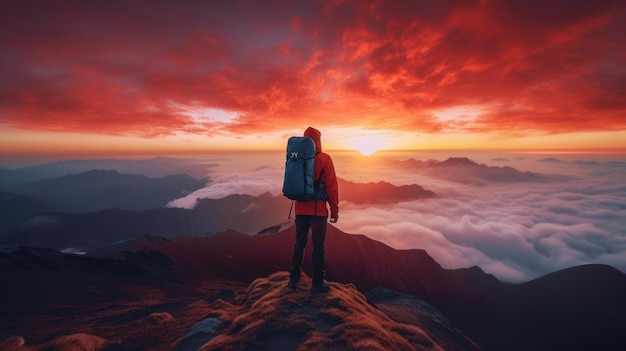 De man bovenop de rode berg staarde met een rugzak naar de ondergaande zon en oranje wolken Sereniteit in overvloed Generatieve AI