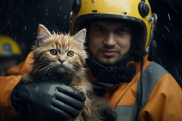De man die de kat redde van een natuurramp dieren reddingsteam gegenereerd ai