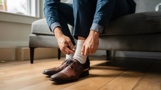 Foto de man die sokken rangschikt voordat hij schoenen aantrekt.