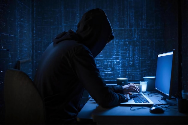 Foto de man hackte het netwerk met een laptop en computer in een donkere kamer. generatieve ai.