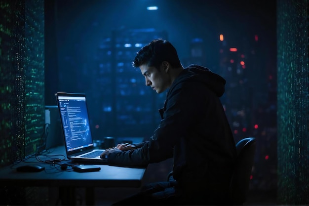 Foto de man hackte het netwerk met een laptop en computer in een donkere kamer. generatieve ai.