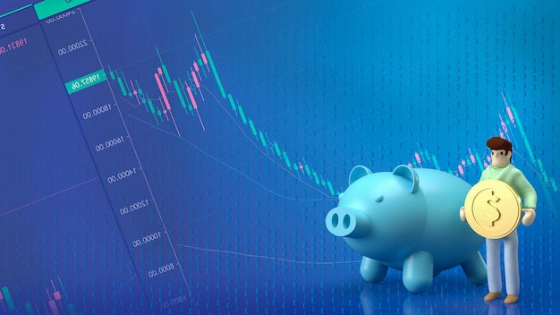 De man houdt gouden munten en spaarvarken zakelijke grafiek achtergrond voor besparing of geld concept 3d-rendering