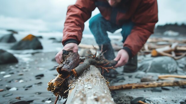 De man in het rode jasje bouwt een kampvuur op het strand. Hij knielt neer en gebruikt zijn handen om het hout te rangschikken.