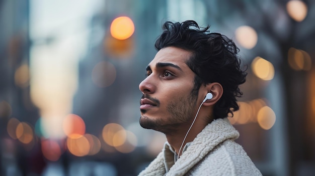 De man kijkt bedachtzaam naar de zijkant terwijl hij oorbellen draagt met een wazige achtergrond van de stad die een bokeh-effect creëert
