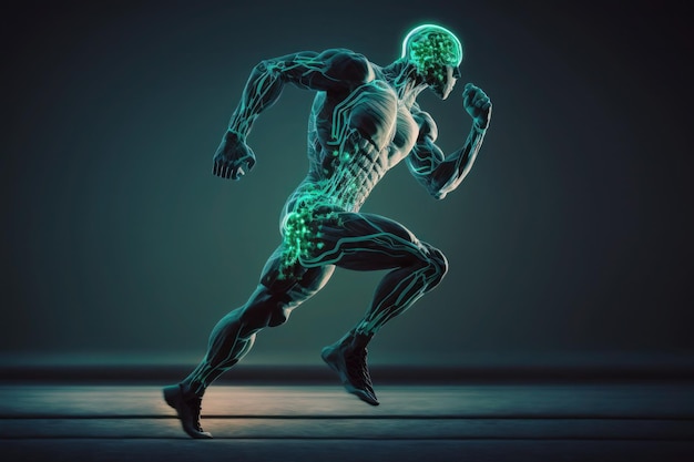 De man loopt in beweging menselijk brein en lichaam gloeiend Groene lijnen neurale verbindingen kunstmatige intelligentie cyberspace AI Generative