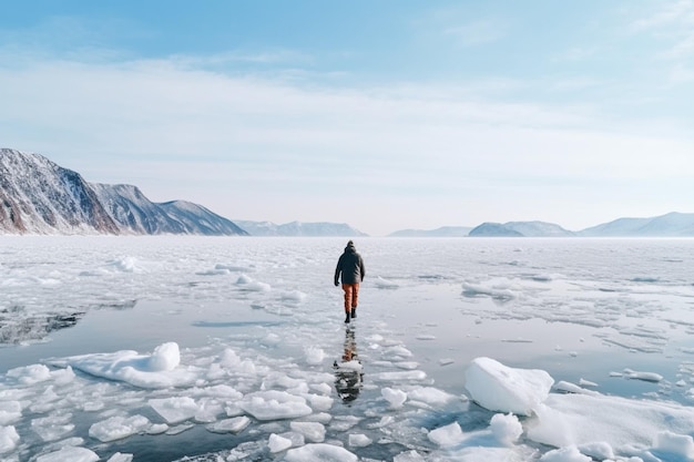 Foto de man schaatst op het ijs van het meer baikal winter siberische landschap esthetische look