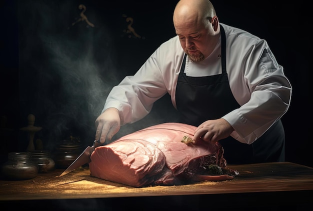 de man snijdt met een mes een enorme ham in de stijl van lichtroze en donkergoud
