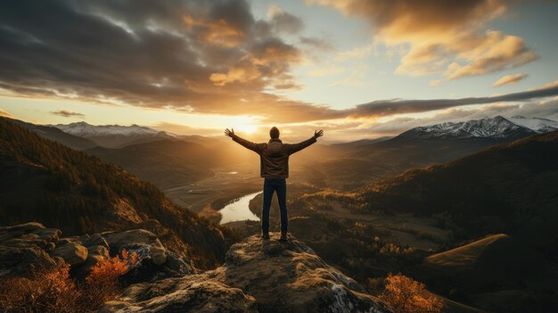 Foto de man steekt één hand op en slaat de lucht op de bergtop met zonsondergang op de achtergrond