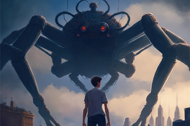 De man tegenover de gigantische spinrobot Fantasieconcept Illustratie schilderij Generatieve AI