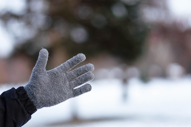 De man toont de klas in handschoenen Handen in grijze winterhandschoenen Palm met een handschoen in de sneeuw De man gooide sneeuw