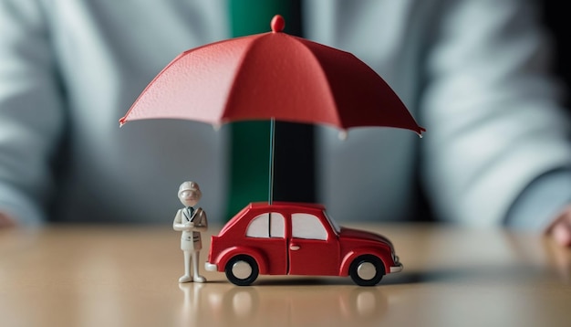 De manager aan de autoverzekeringstafel Umbrella dekt een rode speelgoedauto op tafel