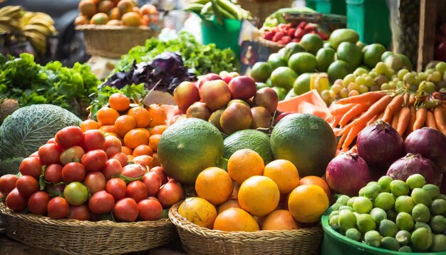 De markt zit vol met verse groenten en fruit te koop.