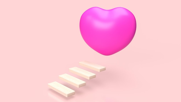 De medische concept gezondheid en sci houten trap naar het roze hartsymbool 3D-rendering