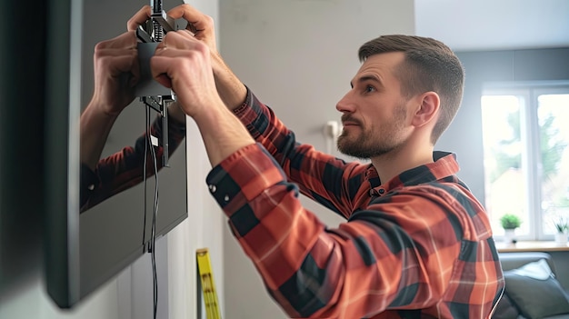 De meester installeert de TV op de muur Plasma builder interieur technologie ontwerp diagonale pixels bioscoop gegenereerd door AI