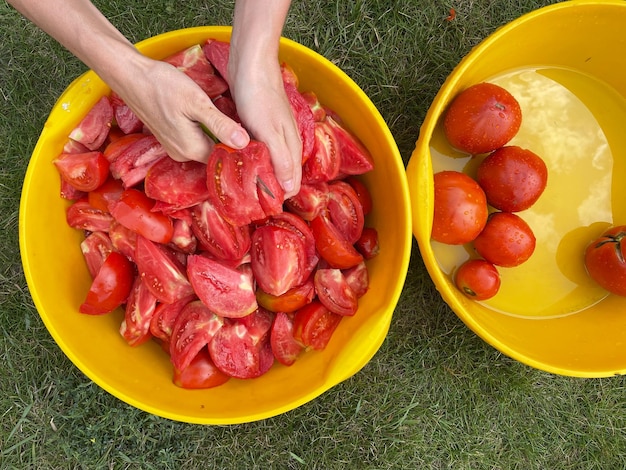 De meisjeshanden snijden rode rijpe tomaten met een mes in een gele kop