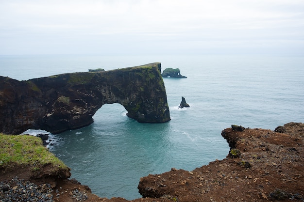 De mening van het de lavastrand van Reynisfjara, het landschap van Zuid-IJsland